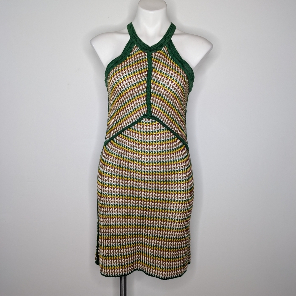Zara Knit Green Yellow Crochet Sleeveless Summer Dress M